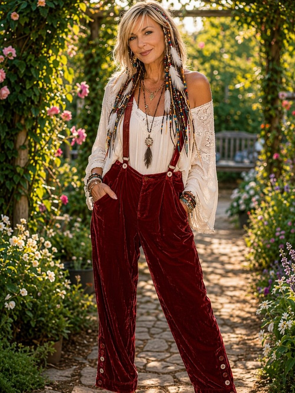 Vintage Copper Velvet Suspender Pants – Adjustable Straps – Retro Holiday Style